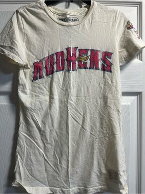 Original Retro Brand Cream 'Mudhens' Short Sleeve Tee with Red & Blue Lettering